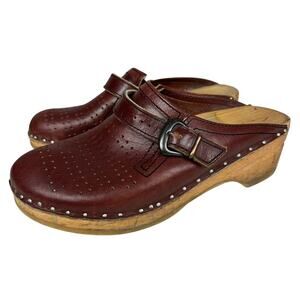 Vintage 90s Bastad Brown Leather Buckle Wooden Clogs 6